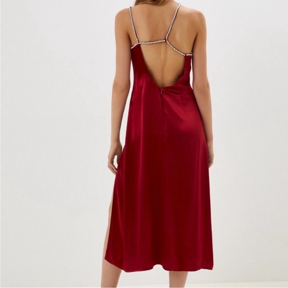 For Love & Lemons Elora Midi Dress Dark Red Satin Size XL NWT Rhinestone - Picture 4 of 16